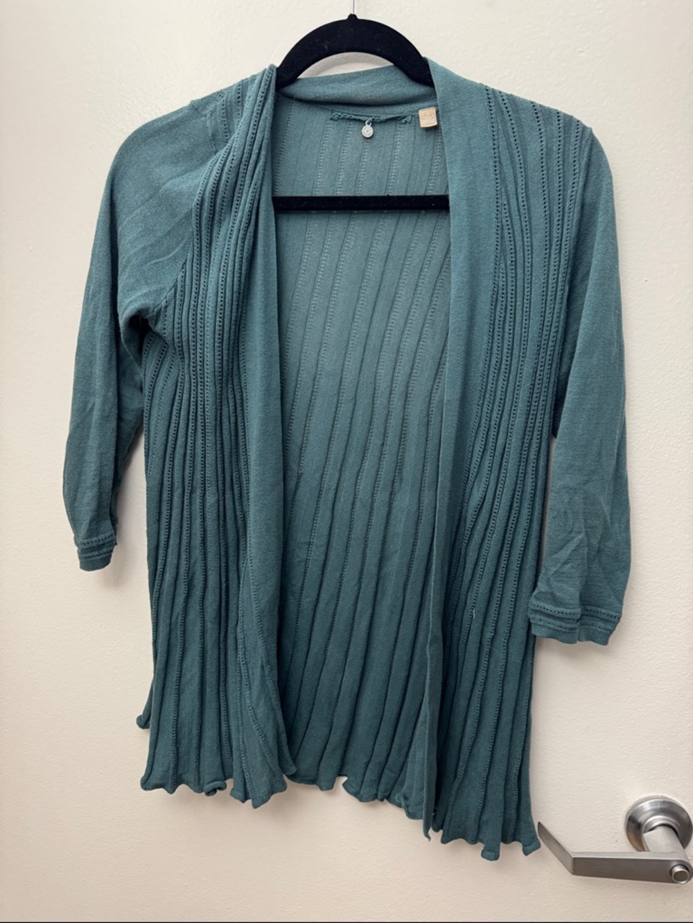 Open-Front Ribbed Knit Cardigan in Teal Green